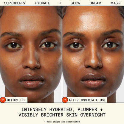 Before and after using Youth To The People Superberry Mask, showcasing hydrated, plumper, brighter skin overnight.