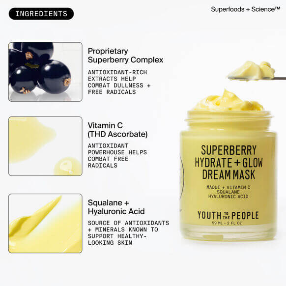 Youth To The People Superberry Hydrate + Glow Dream Mask ingredients including superberry complex, Vitamin C, squalane, and hyaluronic acid.