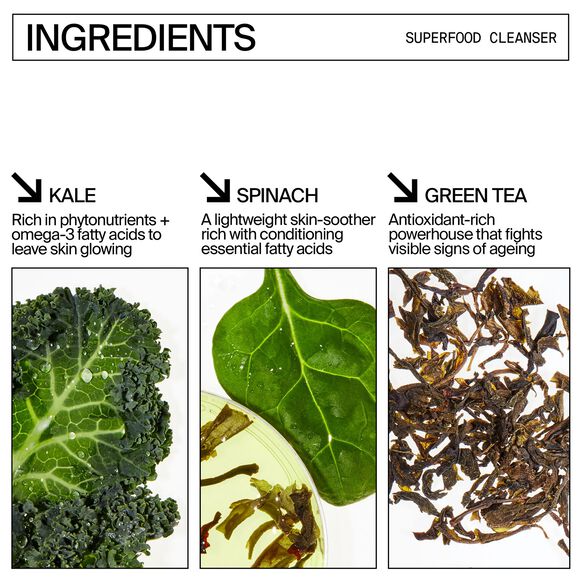 Youth To The People Ingredients of a superfood cleanser with images of kale, spinach, and green tea.