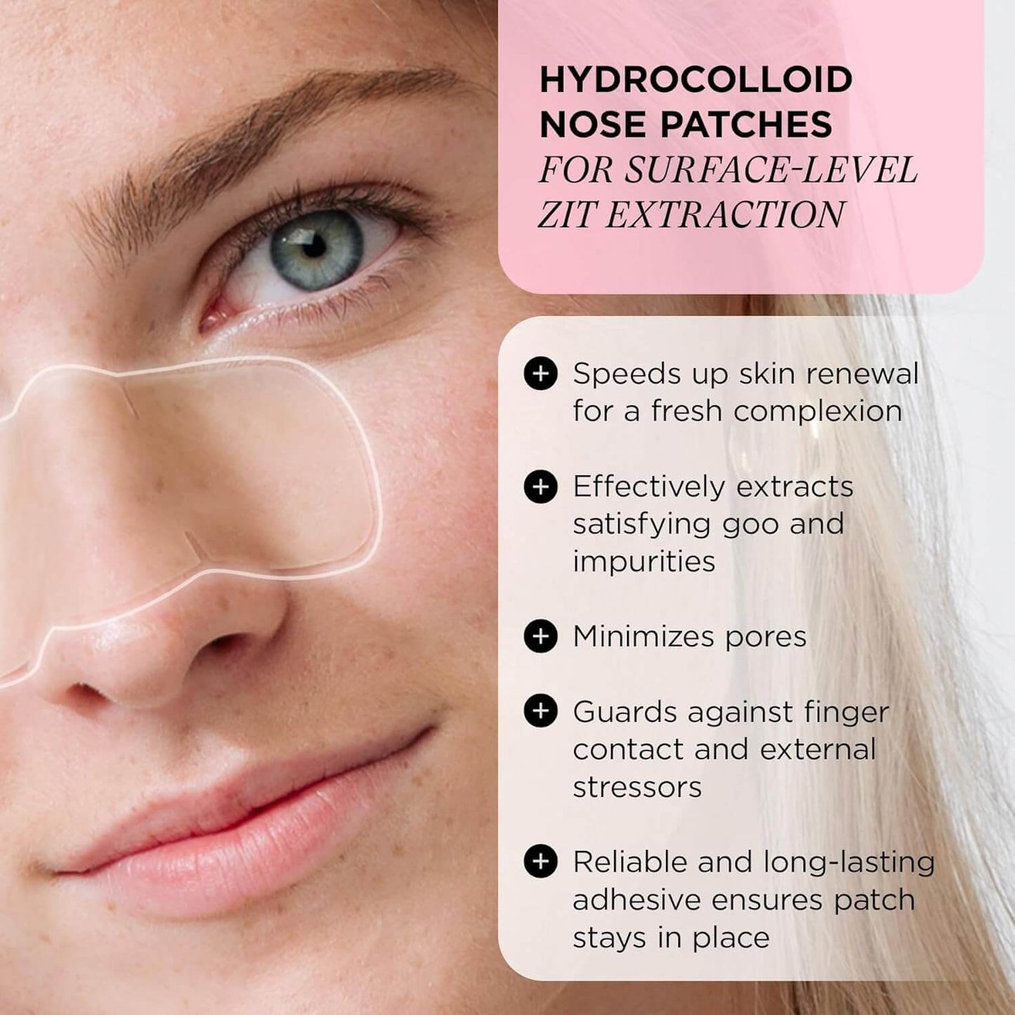 Woman's face with ZITSTICKA hydrocolloid nose patch and product benefits text overlay