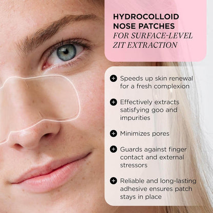 Woman's face with ZITSTICKA hydrocolloid nose patch and product benefits text overlay