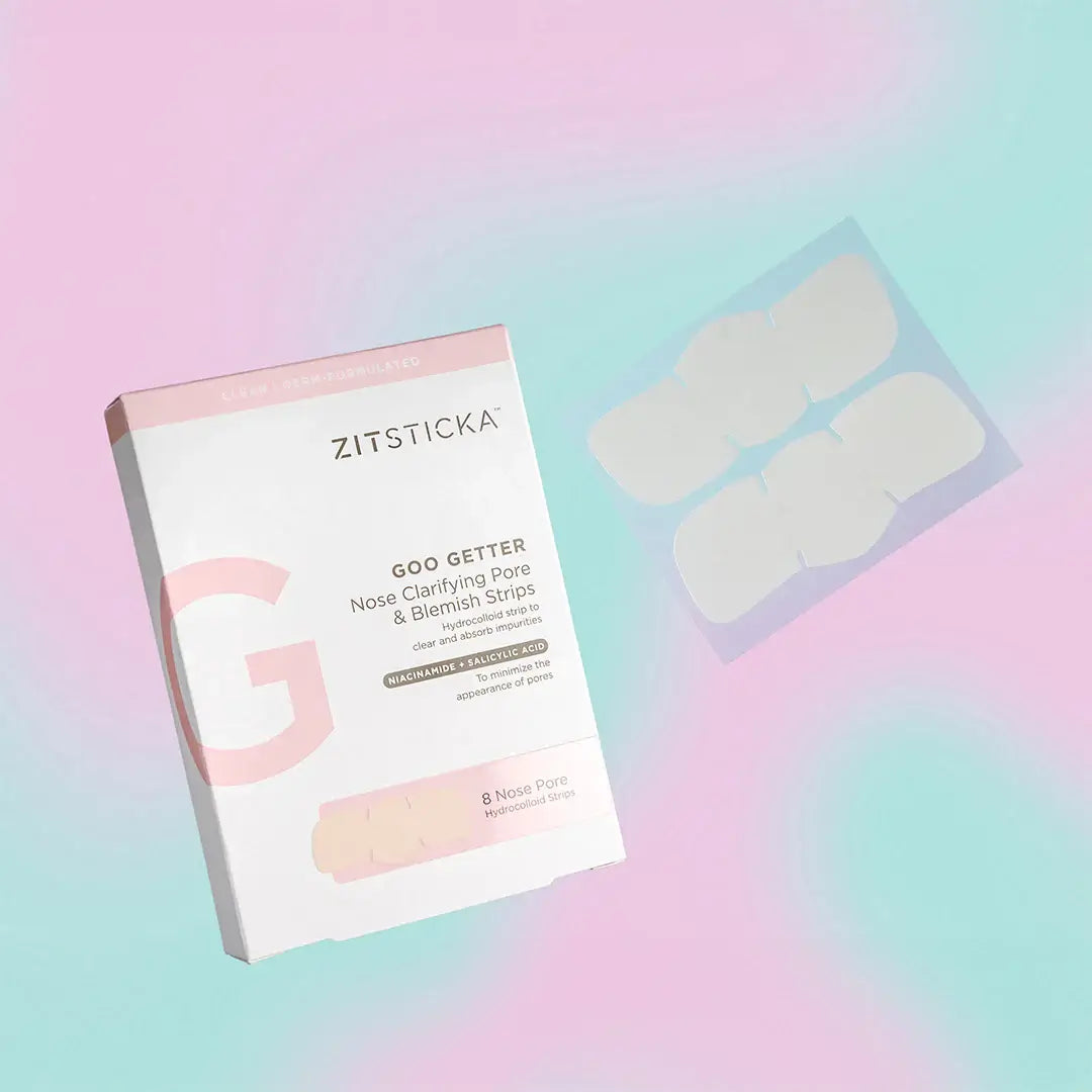 ZitSticka GOO Getter nose strips packaging on a pastel gradient background