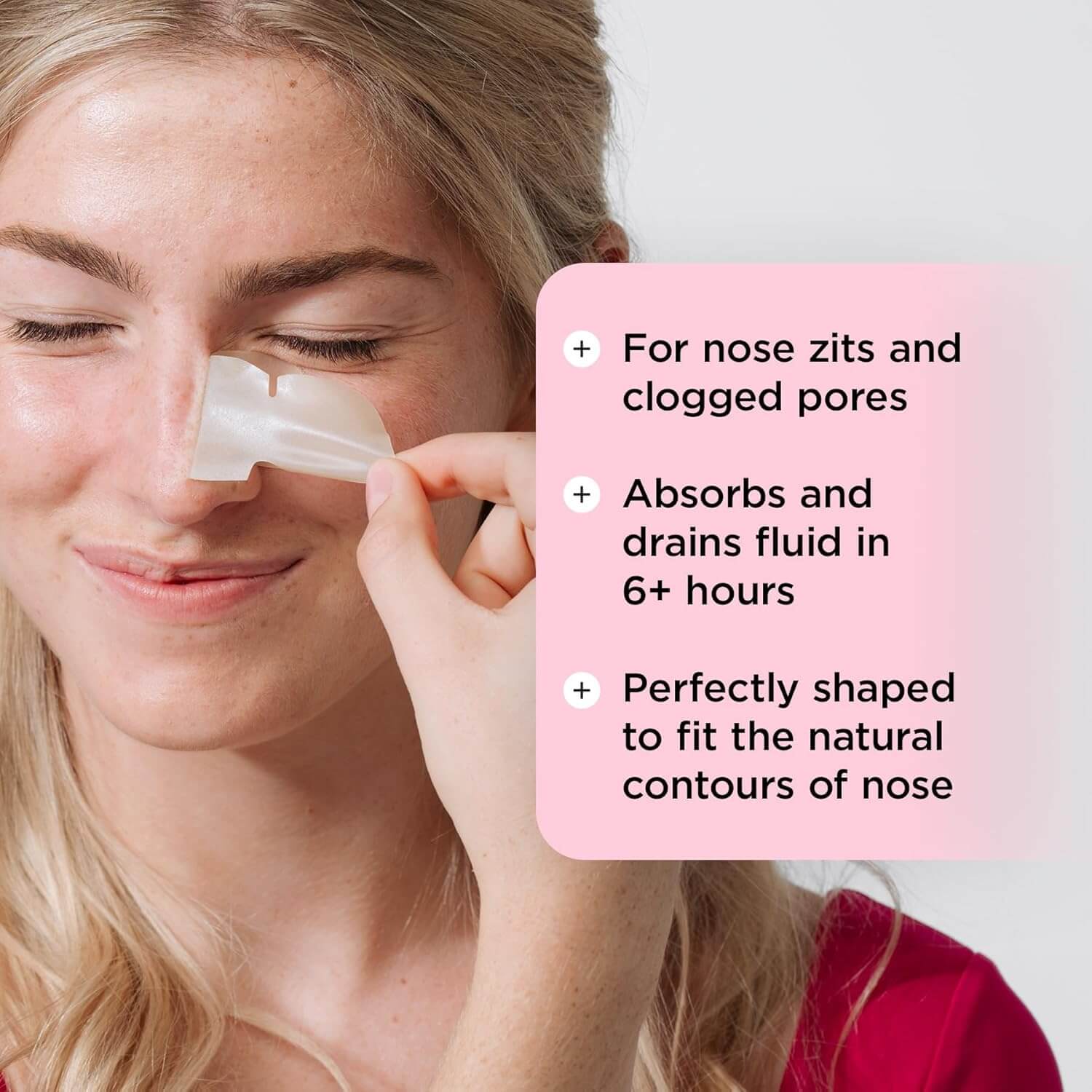 Woman using ZITSTICKA nose strip with text about its benefits on a pink background