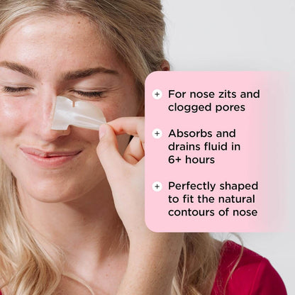 Woman using ZITSTICKA nose strip with text about its benefits on a pink background