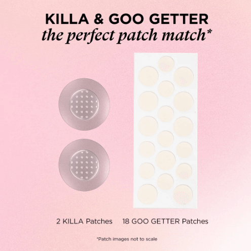 ZITSTICKA SOS KIT featuring 2 KILLA microdart patches and 18 GOO GETTER hydrocolloid patches on a pink background.