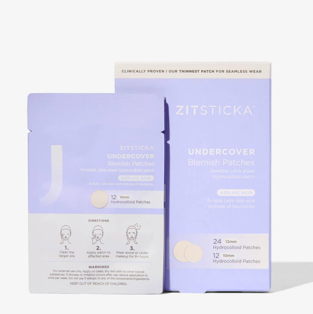 Zitsticka Undercover Invisible Patch pack showing 12 hydrocolloid blemish patches designed for effective breakout treatment.