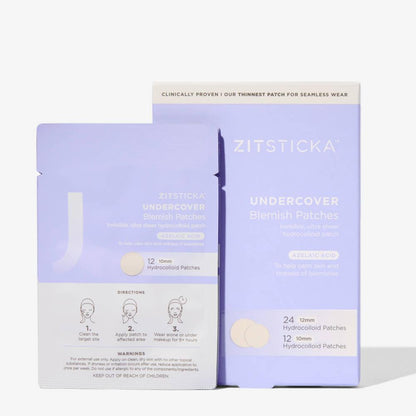 Zitsticka Undercover Invisible Patch pack showing 12 hydrocolloid blemish patches designed for effective breakout treatment.