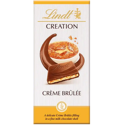 Lindt CREATION Creme Brulee Bar 150g with chocolate shell and creamy filling, inspired by the classic dessert.