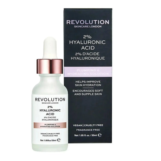 Revolution Plumping & Hydrating Serum with 2% Hyaluronic Acid in a 30ml bottle for moisturized, soft skin.