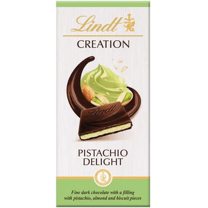 Lindt CREATION Dark Pistachio Bar 150g with rich chocolate and pistachio filling in elegant packaging.