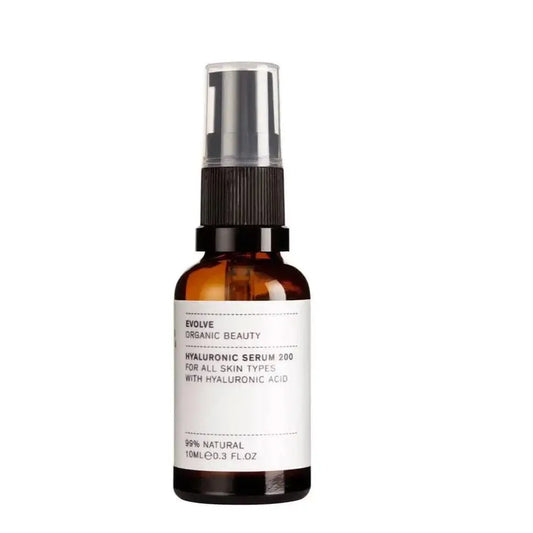 Evolve Hyaluronic Serum 200 in a 10ml bottle for hydration and plumping fine lines, suitable for normal to dry skin.