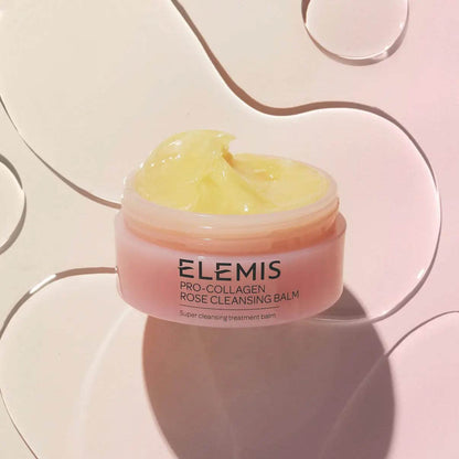 Elemis Pro-Collagen Rose Cleansing Balm in jar, a nourishing balm for makeup removal and radiant skin.
