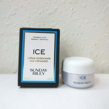 Sunday Riley ICE Ceramide Moisturizing Cream 8g jar and box, promoting hydration and anti-aging benefits.