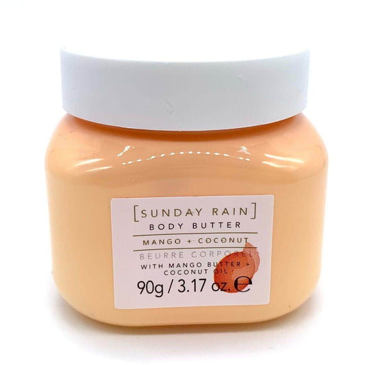 Sunday Rain Mango & Coconut Body Butter, 90ml jar, rich moisturizer for hydrating dry skin with mango and coconut oils.