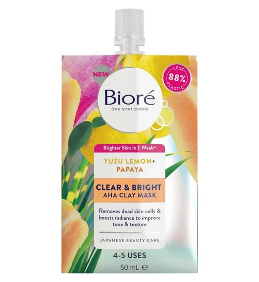 Bioré Clear & Bright Yuzu Lemon and Papaya AHA Clay Face Mask 50ml packaging for glowing skin and improved texture.