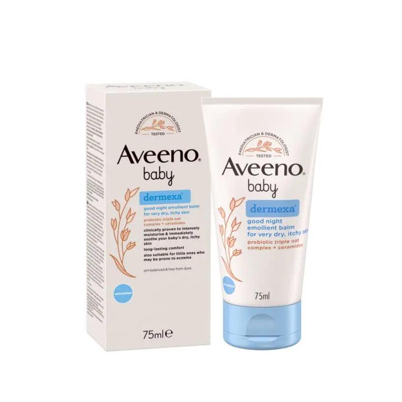 Aveeno Baby Dermexa Good Night Emollient Balm 75ml for soothing and hydrating baby's skin for restful sleep.