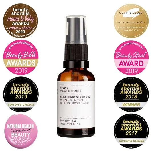 Evolve Hyaluronic Serum 200 in a 10ml bottle with beauty award stickers for hydration and skin plumping.