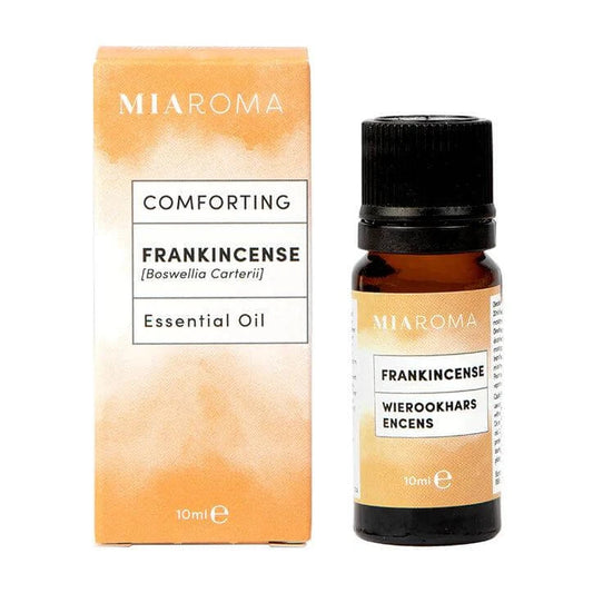 Miaroma Frankincense Essential Oil 10ml bottle and box, calming aroma for anxiety relief and wellbeing.