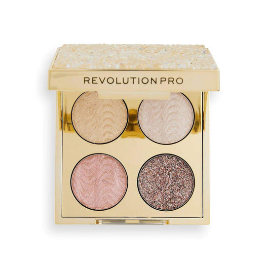 Revolution Pro Champagne Crystal Quad Palette featuring four jewel-toned eyeshadows in a sleek gold compact.