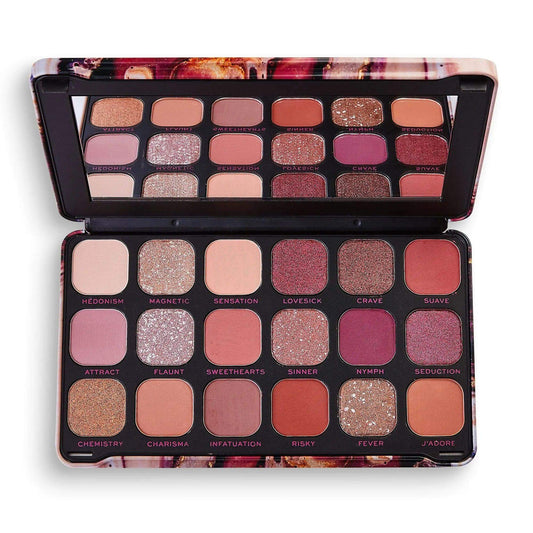 Revolution Forever Flawless Eye Shadow Palette Allure with 18 pigments in neutrals, rust hues, and glossy berries.