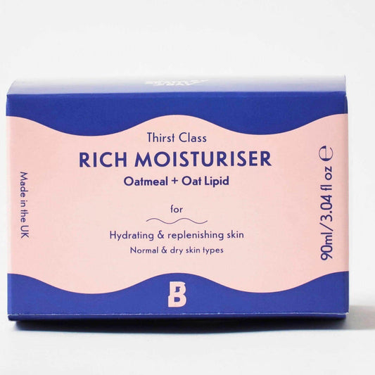 Thirst Class Rich Moisturiser packaging featuring oatmeal and oat lipid for hydrating dry skin.