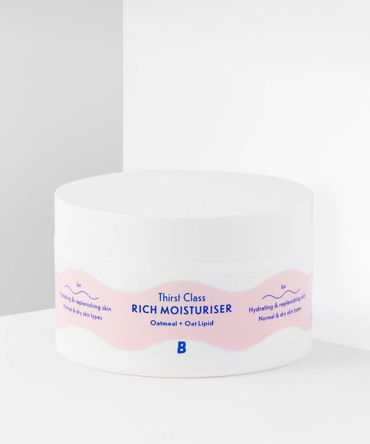 Thirst Class Rich Moisturiser with Oatmeal and Oat Lipid in a white container for dehydrated skin.