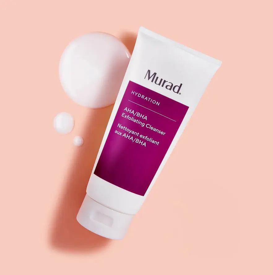 Murad Hydration AHA/BHA Exfoliating Cleanser 60ml with bubbles on a pink background, perfect for hydrating and exfoliating skin.