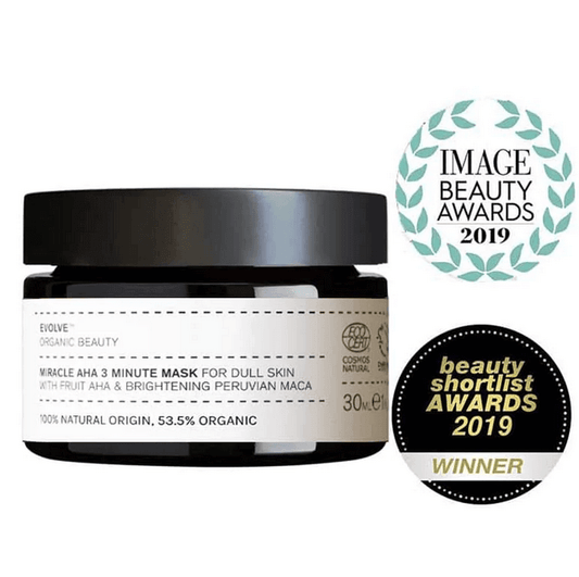 Evolve Organic Beauty Miracle Mask 30ml for all skin types, featuring AHA fruit acids and Peruvian Maca for radiant skin.