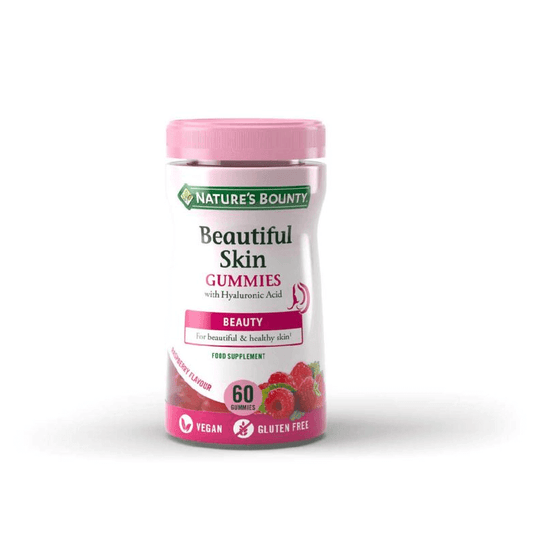 Nature's Bounty Beautiful Skin Gummies, raspberry flavor, vegan, gluten-free, 60 count, with hyaluronic acid for radiant skin.