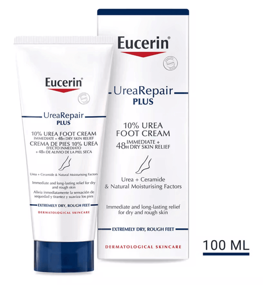 Eucerin UreaRepair Plus 10% Urea Foot Cream 100ml for dry, cracked feet, provides 48-hour relief and intensive hydration.