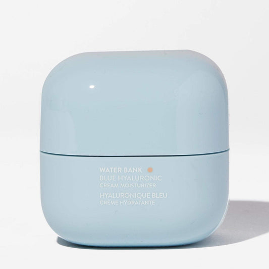 Laneige Water Bank Blue Hyaluronic Cream Moisturizer 50ml in a light blue jar for intense hydration.