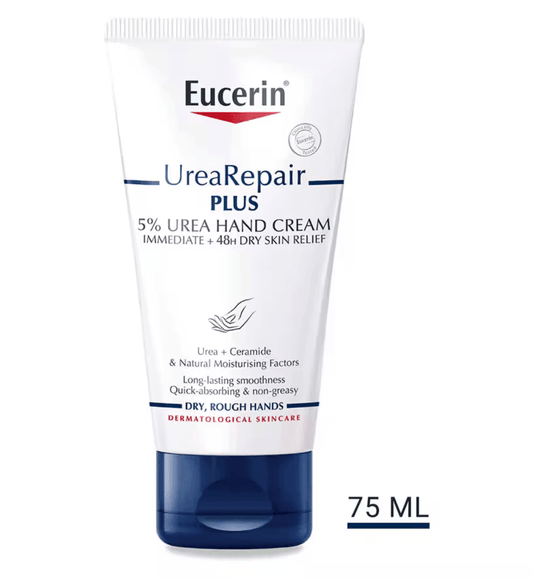 Eucerin Urea Repair 5% Hand Cream 75ml tube for dry hands, offering immediate and 48-hour relief.