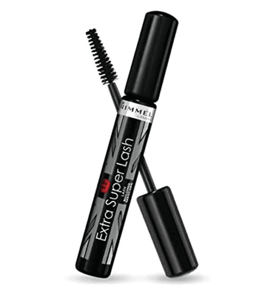 Rimmel London Extra Super Lash Lengthening Mascara packaging with applicator, ideal for buildable volume and defined lashes.