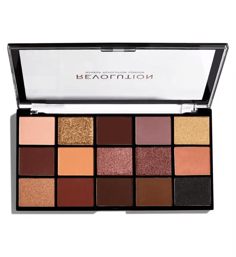 Revolution Reloaded Eyeshadow Palette Velvet Rose featuring 15 rich and smooth shades in warm tones and shimmer.
