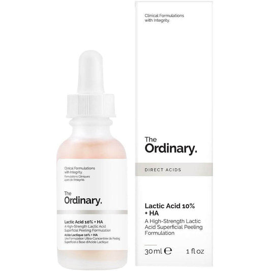 The Ordinary Lactic Acid 10% + HA 30ml bottle and box for radiant skin and improved texture.