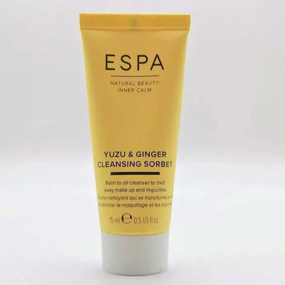 ESPA Yuzu and Ginger Cleansing Sorbet 15ml tube, a balm-to-oil cleanser for radiant skin.