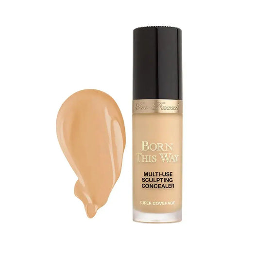 Too Faced Born This Way Multi-Use Concealer in Golden Beige with swatch, perfect for conceal and contour.