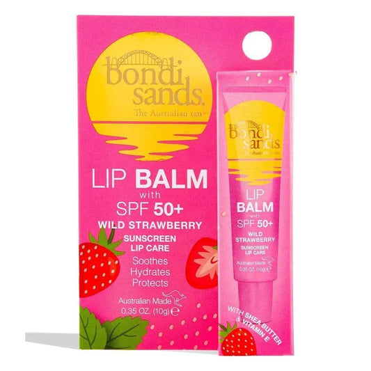 Bondi Sands SPF50+ Lip Balm 10g with wild strawberry, hydrating lip care, and sunscreen protection, Australian made.