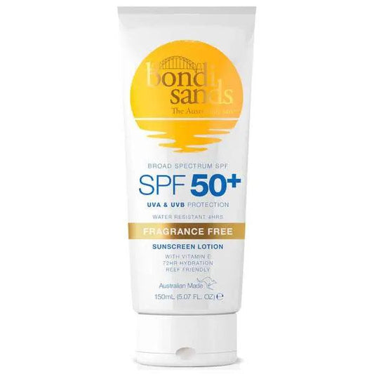 Bondi Sands Sunscreen Lotion SPF50+ 150ml, fragrance-free, broad spectrum UVA & UVB protection, water resistant for 4 hours.
