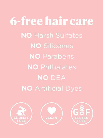 Infographic highlighting 6-free hair care: no harsh sulfates, silicones, parabens, phthalates, DEA, or artificial dyes.