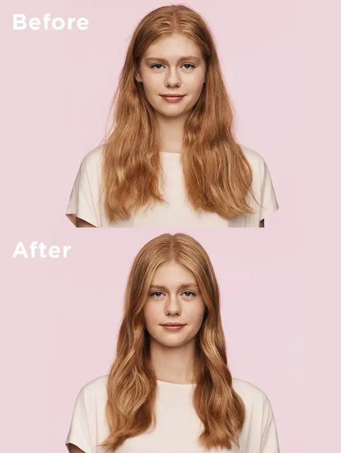 Before and after results of using Briogeo Don’t Despair, Repair! Deep Conditioning Mask on hair.