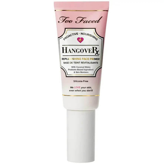 Too Faced Hangover Replenishing Primer tube, infused with coconut water and probiotics for a dewy finish.