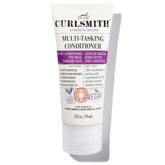 Curlsmith multitasking conditioner travel size 59ml, ideal for damaged hair and suitable for all curl types.