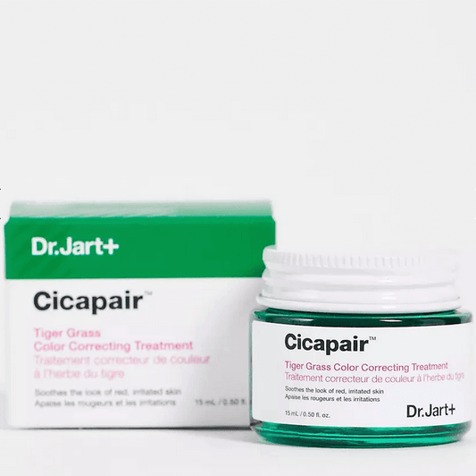 Dr. Jart+ Cicapair Tiger Grass Color Correcting Treatment 15ml cream and packaging for soothing irritated skin.