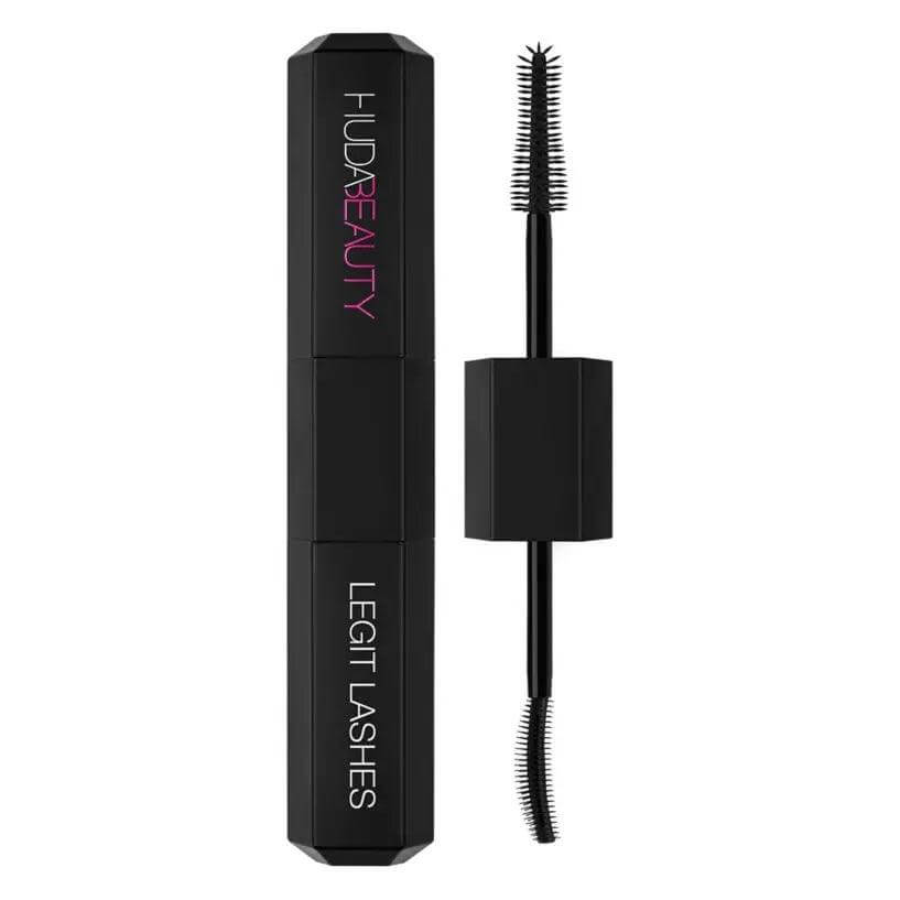 HUDA Beauty Legit Lashes Double-Ended Mascara showcasing two brush styles for volume and curl.