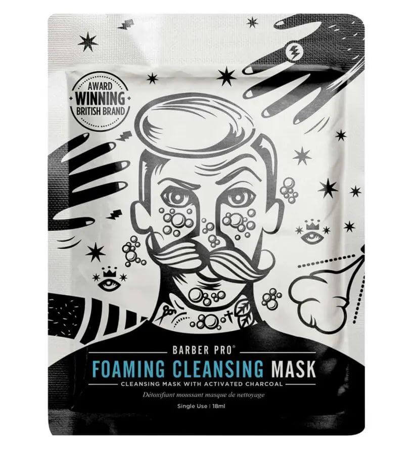 BARBER PRO Foaming Cleansing Mask packaging with activated charcoal and graphic design, ideal for deep cleansing and rejuvenating skin.