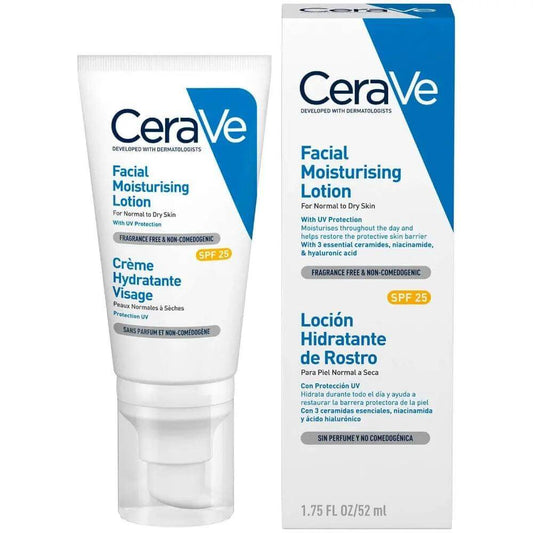 CeraVe Facial Moisturising Lotion SPF25 50ml, lightweight daily moisturizer with ceramides and hyaluronic acid for hydration.