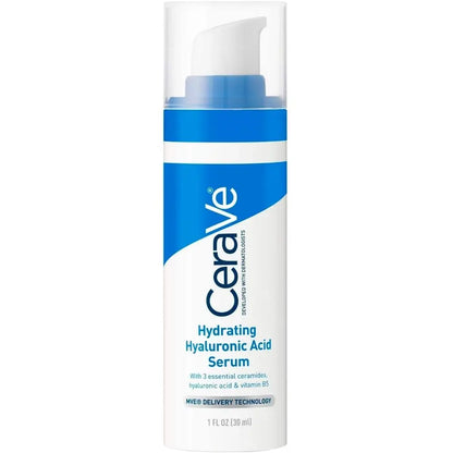 CeraVe Hydrating Hyaluronic Acid Serum 30ml featuring essential ceramides for hydration and skin barrier protection.