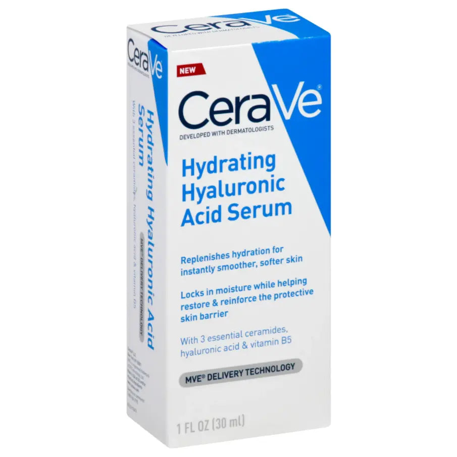 CeraVe Hydrating Hyaluronic Acid Serum 30ml packaging displaying hydration benefits and key ingredients.