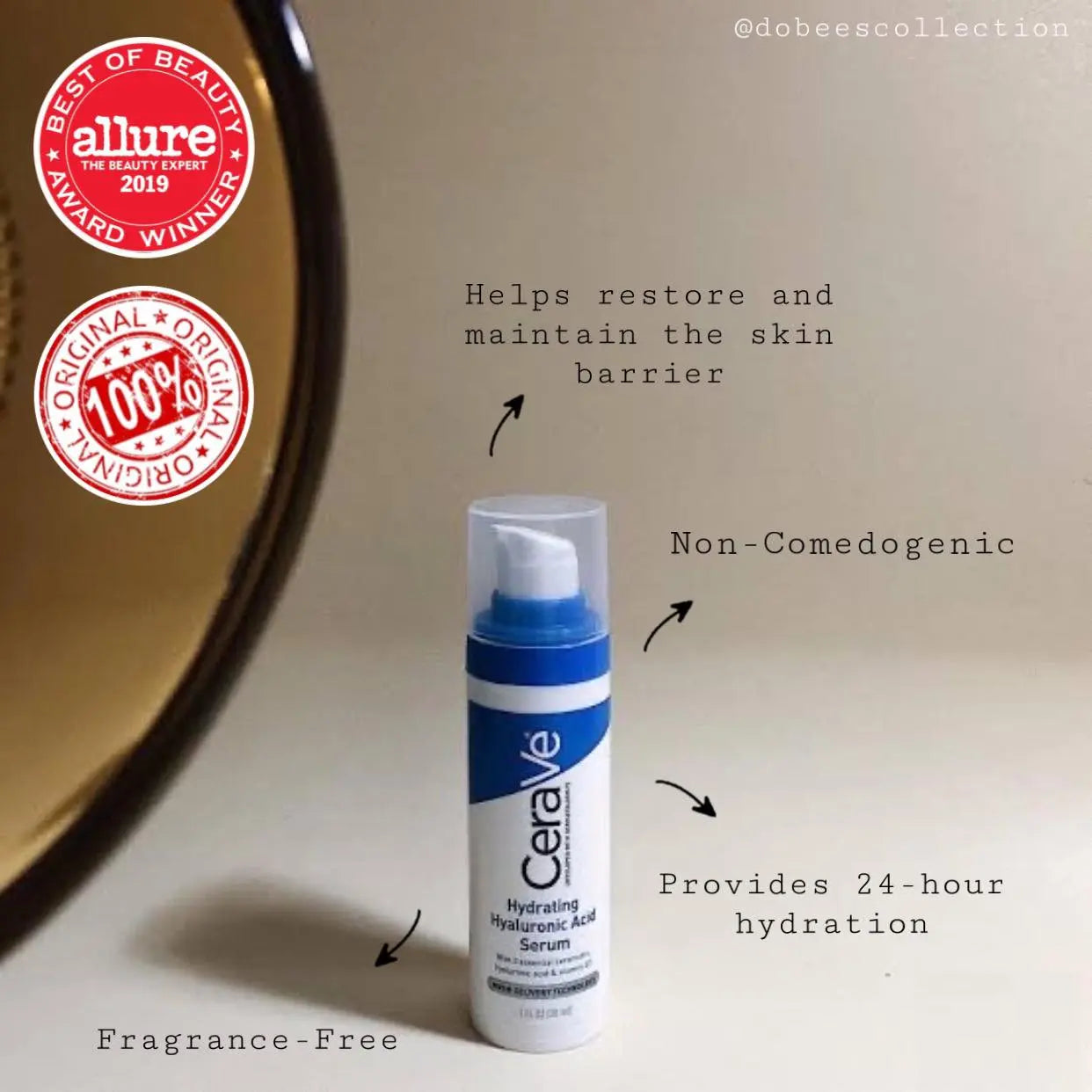 CeraVe Hydrating Hyaluronic Acid Serum 30ml bottle with benefits highlighted, including 24-hour hydration and skin barrier support.